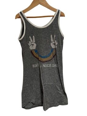 TINY WHALES grey print midi dress “have a nice day” rainbow print - size 6